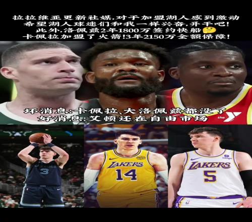 湖人截至目前只签个拉拉维亚!中锋饼皇大洛2只剩下艾顿了