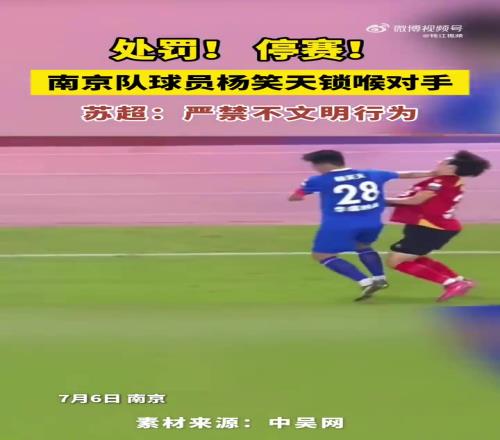 肘擊對手喉部！“蘇超”南京隊長楊笑天被罰停賽1場