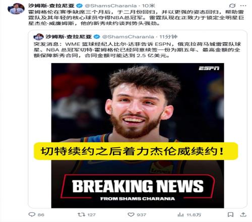 薪资空间爆炸SHAMS:雷霆续约切特之后将致力于续约杰伦威