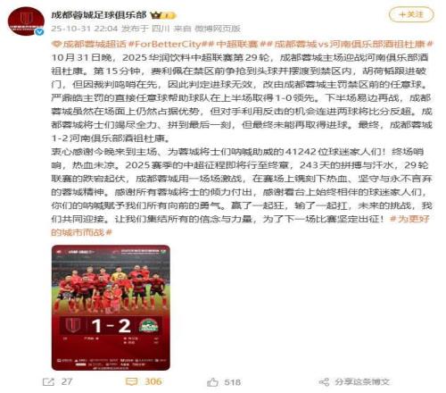 成都12不敌河南无缘夺冠,赛后官微大量球迷留言表示失望