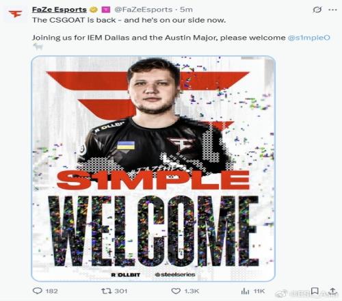 歡迎回來！Faze官宣：S1mple加盟出戰(zhàn)IEM達拉斯以及奧斯汀Major
