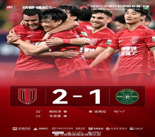 成都蓉城21戰(zhàn)勝浙江俱樂部綠城，拿下四連勝