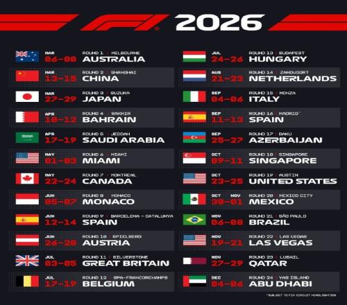 F12026年賽歷：共計(jì)24站，中國站3月13日15日，新增馬德里站