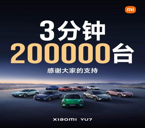 收大米咯！小米官方宣布：YU7三分鐘狂銷20萬臺