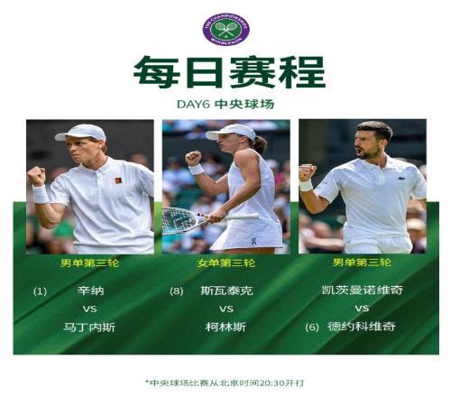 溫網今日賽程：德約衝擊溫網第100勝，辛納&斯瓦泰克亮相中央球場