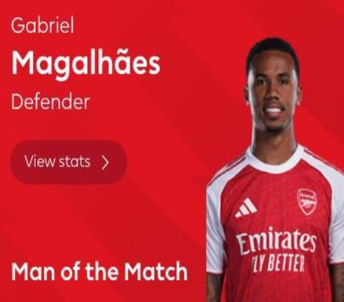 打破僵局,加布里埃尔当选阿森纳vs维拉全场最佳球员