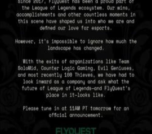 準(zhǔn)備退出聯(lián)賽美洲賽區(qū)俱樂(lè)部FlyQuest發(fā)文：LOL電競(jìng)的未來(lái)將走向何方