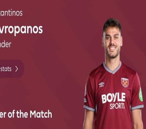 头球破门+10次解围,马夫罗帕诺斯当选西汉姆11曼城全场最佳