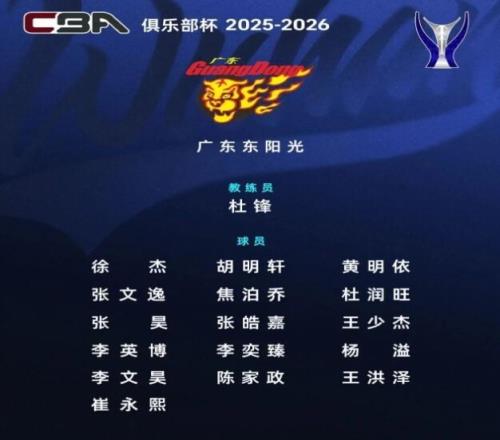广东队俱乐部杯大名单出炉!杜锋带16人出战多名年轻球员亮相