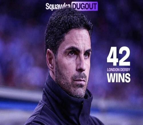 阿尔特塔英超伦敦德比取胜42场,追平穆里尼奥仅次于温格