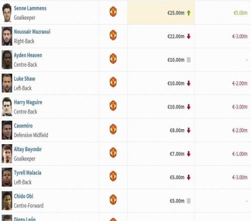 曼联球员身价变动:B费下跌至4000万欧,阿马德迪亚洛上涨1000万欧