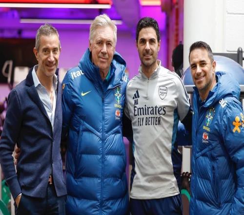 巴西隊在阿森納基地訓練，安切洛蒂與阿爾特塔會面并合影