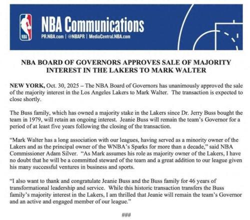 NBA理事會批準沃爾特對湖人的收購交易，估值約100億美元