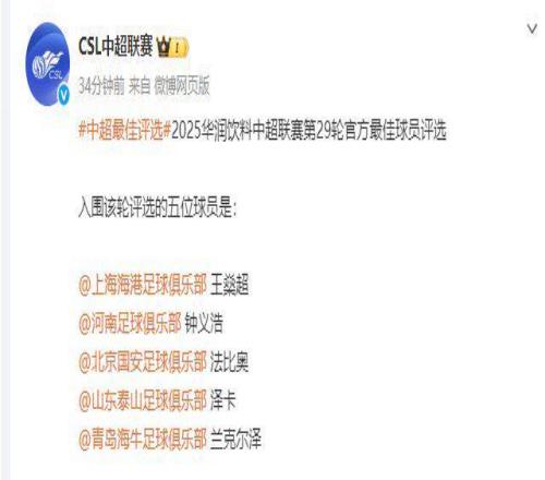 中超第29輪最佳候選:王燊超在列