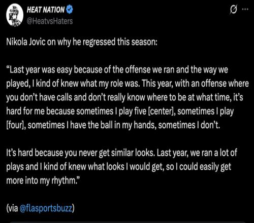 热火花了3年培养约维奇，他一句话承认跟不上新体系