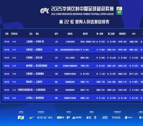 中超官方公布第22輪裁判選派：外籍裁判執法海港vs津門虎