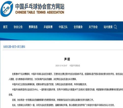 中國乒協回應WTT總決賽孫穎莎、王楚欽退賽