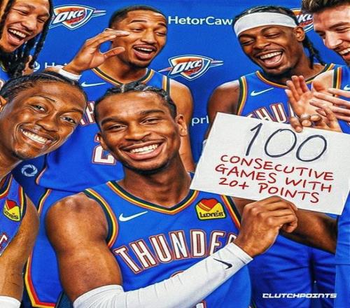 亞歷山大已連續(xù)100場比賽得分上20，距離第一張伯倫僅差26場