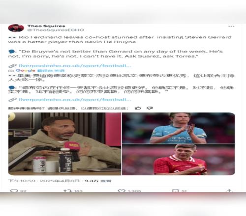 费迪南德：丁丁在任何一天都不会比杰拉德更好，问问苏牙和托雷斯