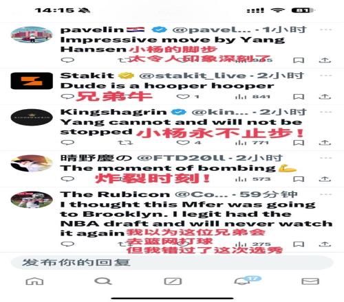 杨瀚森炸裂隔扣后，国外球迷猛夸杨瀚森，一点也不输国内球迷
