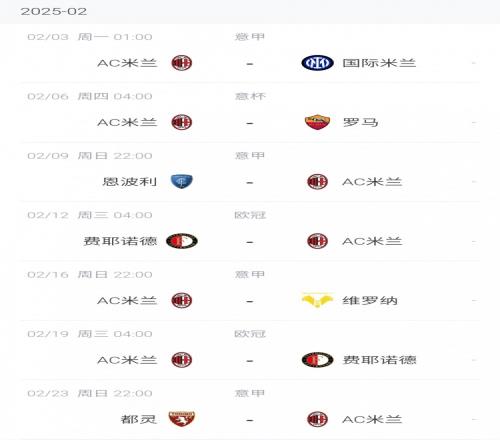 关键！AC米兰2月赛程：3日米兰德比6日战罗马12&19日欧冠附加赛