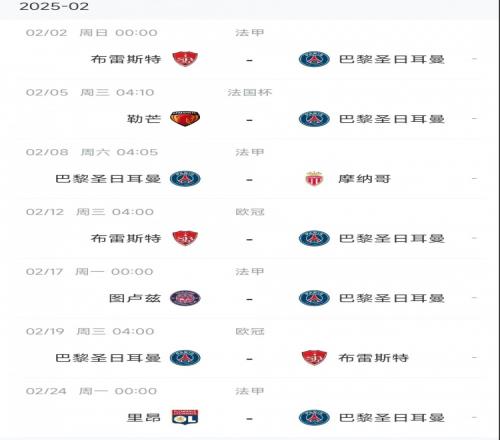 巴黎2月份赛程：联赛+欧冠三战布雷斯特，还将对阵摩纳哥、里昂