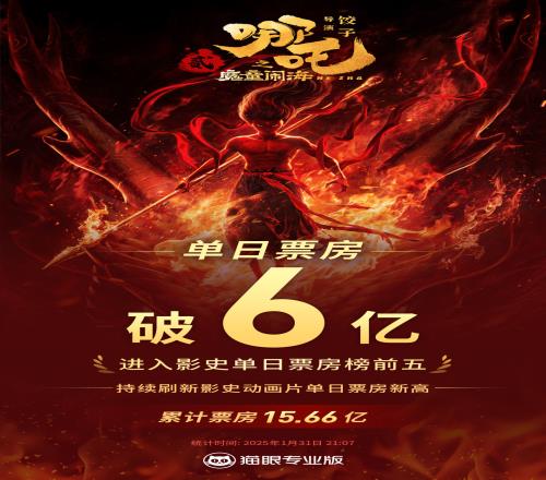 《哪吒之魔童闹海》单日票房破6亿进入中国影史单日票房榜前五