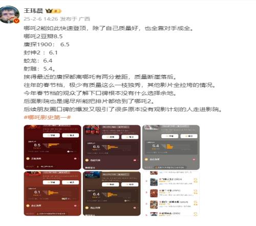 媒体人评哪吒2登顶中国影史票房冠军：还是得多谢同行衬托！