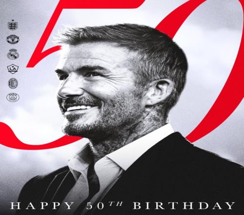 曼联祝贝克汉姆50岁生日快乐，红魔生涯出战394场85球121助