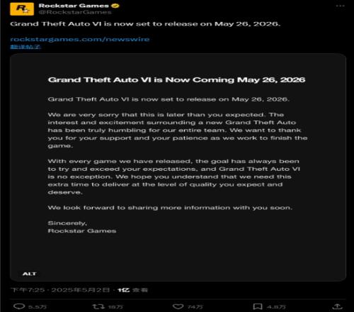 这就是顶流！《GTA6》跳票公告引爆全网浏览量累积破亿