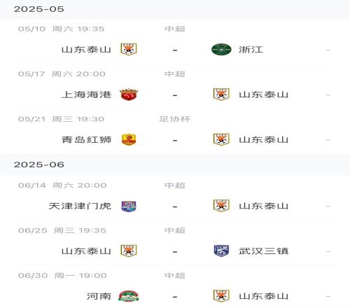 近4轮3负1平！泰山未来将连战浙江海港，目前共积17分暂列第5