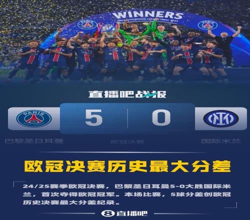 欧冠决赛历史最大分差！巴黎50国米5球分差创决赛最大分差纪录