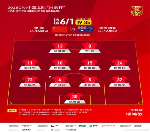 中国U16v澳大利亚U16首发：帅惟浩、万项搭档锋线，邝兆镭替补