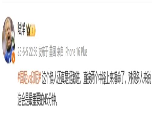 陆洋：这个换人还真是挺激进，直接两个中锋上来搏命了