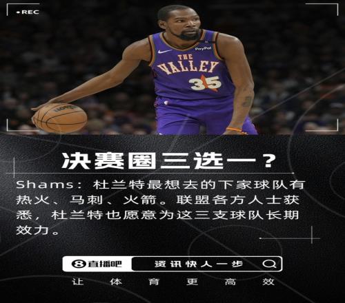 Shams：杜兰特最想去热&刺&火人们认为他愿意为这三队长期效力