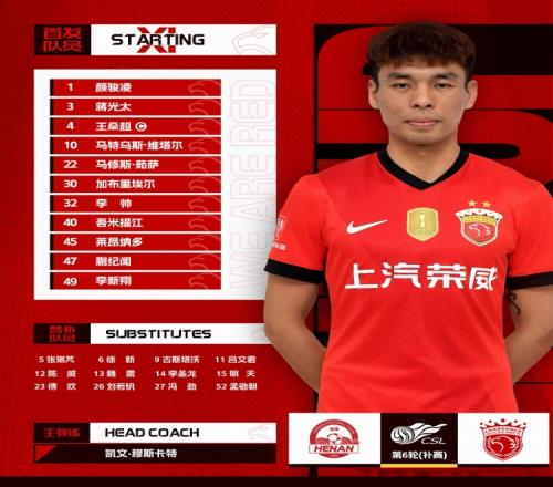 中超联赛第6轮补赛，上海海港今日首发名单