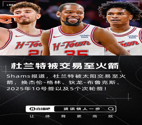 炸炸炸杜兰特被交易至火箭！换杰伦格林+狄龙+10号签+5次轮