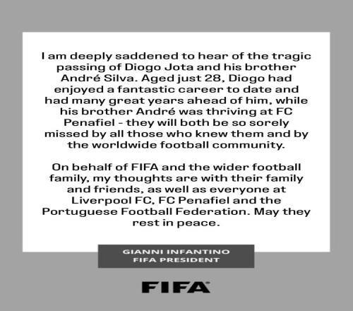FIFA主席因凡蒂诺悼念若塔兄弟：足球界将深切怀念，愿逝者安息