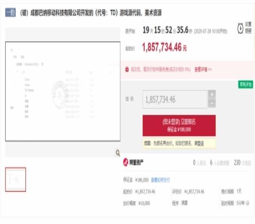 40%进度游戏代码185万起拍：原公司前期投入超千万
