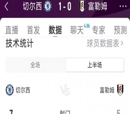 补时进球占先，切尔西10富勒姆半场数据：射门75，射正31