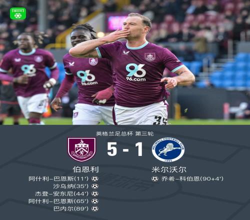伯恩利51米尔沃尔，36岁巴恩斯双响，拉森助攻梅开二度