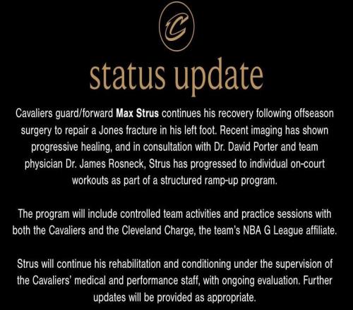 骑士官方：斯特鲁斯恢复情况良好，接下来将逐步开启有球训练