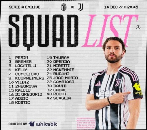 尤文公布客战博洛尼亚大名单：与周中欧冠相同，伊尔迪兹领衔