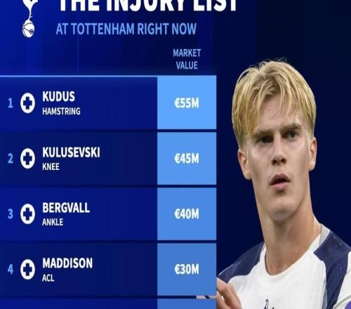 德转列热刺伤病名单：8人因伤缺阵，总身价超过2.5亿欧元