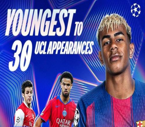 18岁240天，亚马尔是欧冠出场30次最年轻的球员