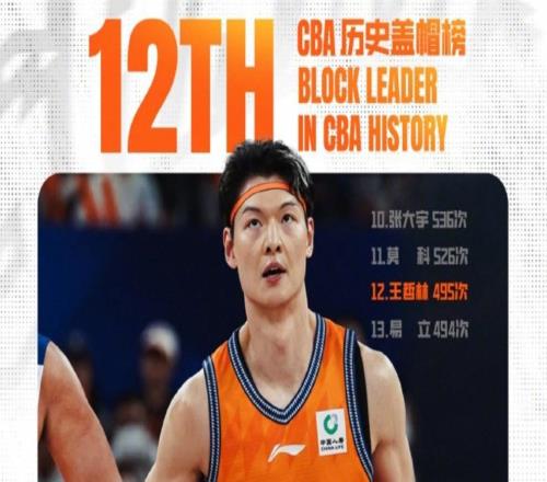 生涯里程碑，王哲林CBA盖帽总数达497次升至历史第12