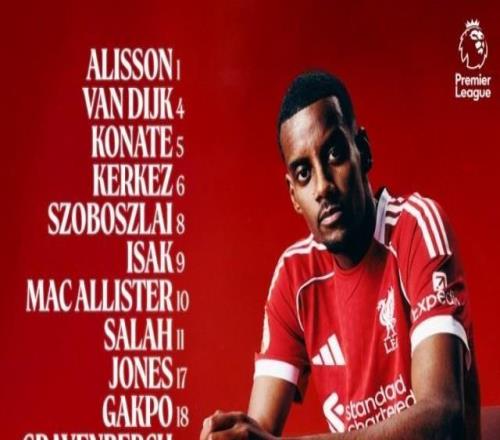 利物浦首发：伊萨克出战