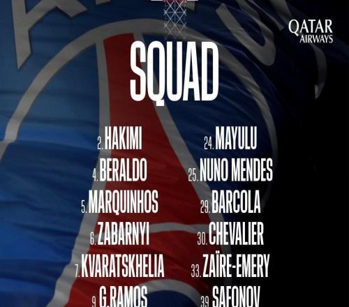 巴黎欧冠战纽卡大名单：登贝莱领衔，阿什拉夫、内维斯在列