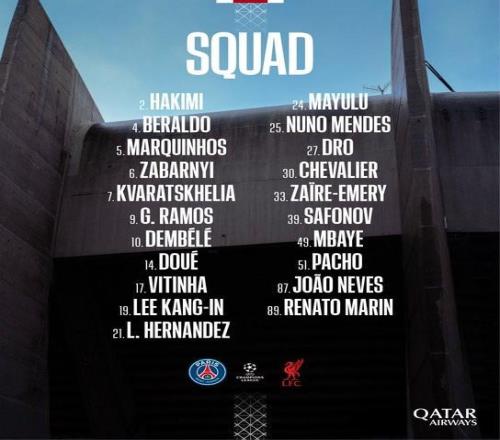 巴黎战利物浦首回合名单：登贝莱领衔，巴尔科拉、法比安缺席