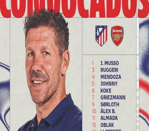 马竞vs阿森纳大名单：阿尔瓦雷斯、格列兹曼入选，卢克曼在列